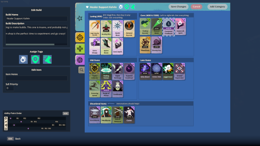 Editing a build from the Heroes menu. The suggested imbue button is missing from Compress Cooldown's Edit Item card.