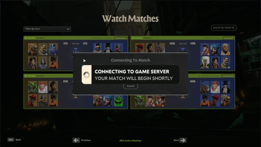Matchmaking has finished before the spectator match loads. A short while after connecting to the match, the game will put you in the spectator match Matchmaking has finished before the spectator match loads. A short while after connecting to the match, the game will put you in the spectator match