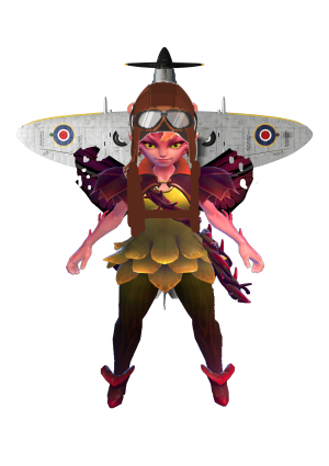 Faerheart, a fairy with broken wings in an aviator cap and a small plane strapped to her back
