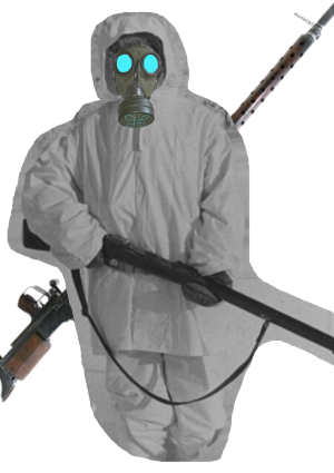 Lean figure cloaked in white, masked with bright blue eyes. Carrying two rifles, one shorter and another comically large.