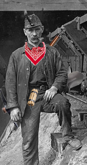 Old coal miner with red bandana around his neck, a rifle on his back, and a pick, a shovel and dynamite on his belt Old coal miner with red bandana around his neck, a rifle on his back, and a pick, a shovel and dynamite on his belt